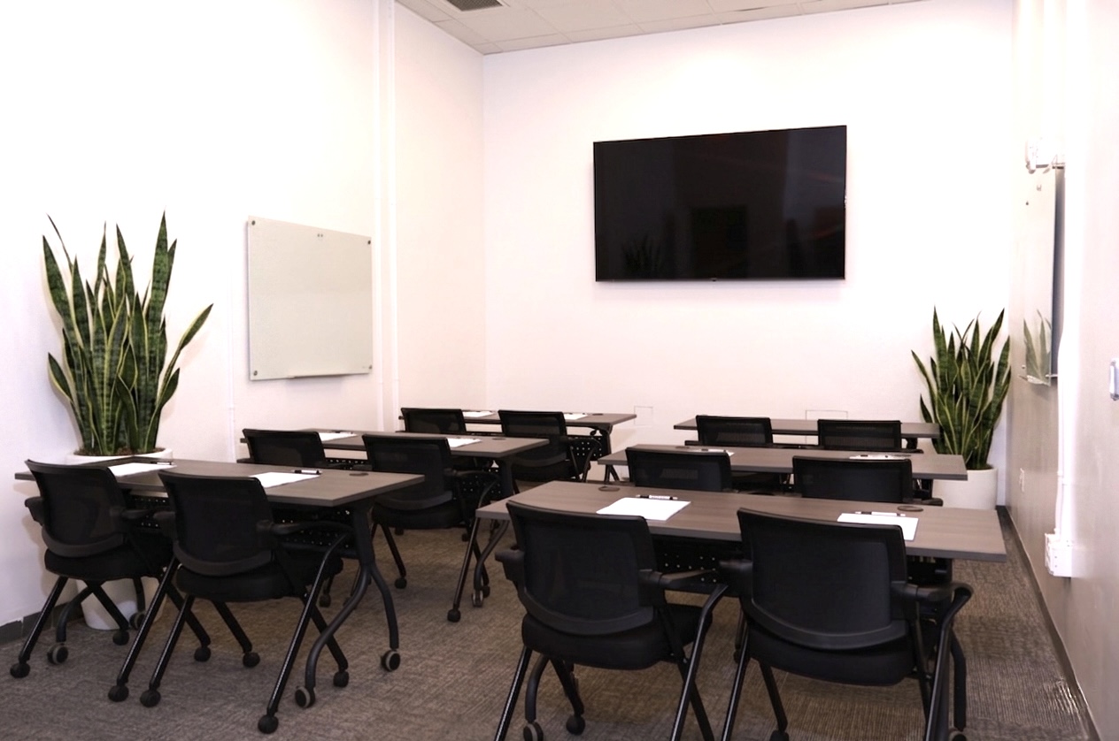 A modern classroom with rows of black chairs and desks, a large wall-mounted screen, two tall plants in corners, and a whiteboard on the wall. Each desk has paper and a pen. The room has bright lighting.